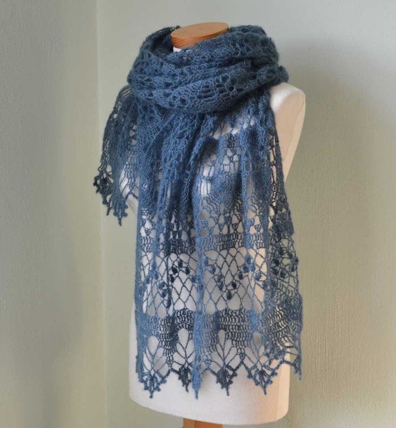 Lace crochet shawl steal blue  H777