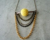 Yellow chunky necklace with a vintage big engraved wooden bead