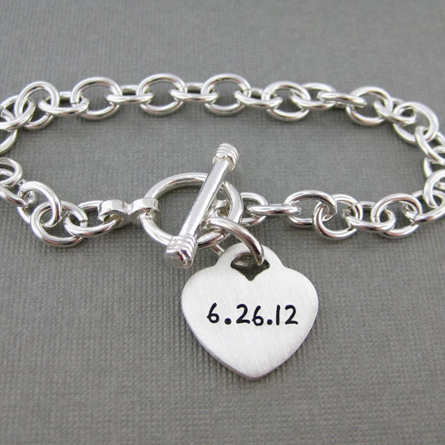 Personalized BRACELET - Hand stamped sterling silver bracelet with a heart charm