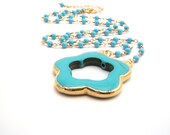 Turquoise Rosary Necklace - Turquoise Flower Pendant  - Gold - Turquoise - Flower - Wire Wrapped