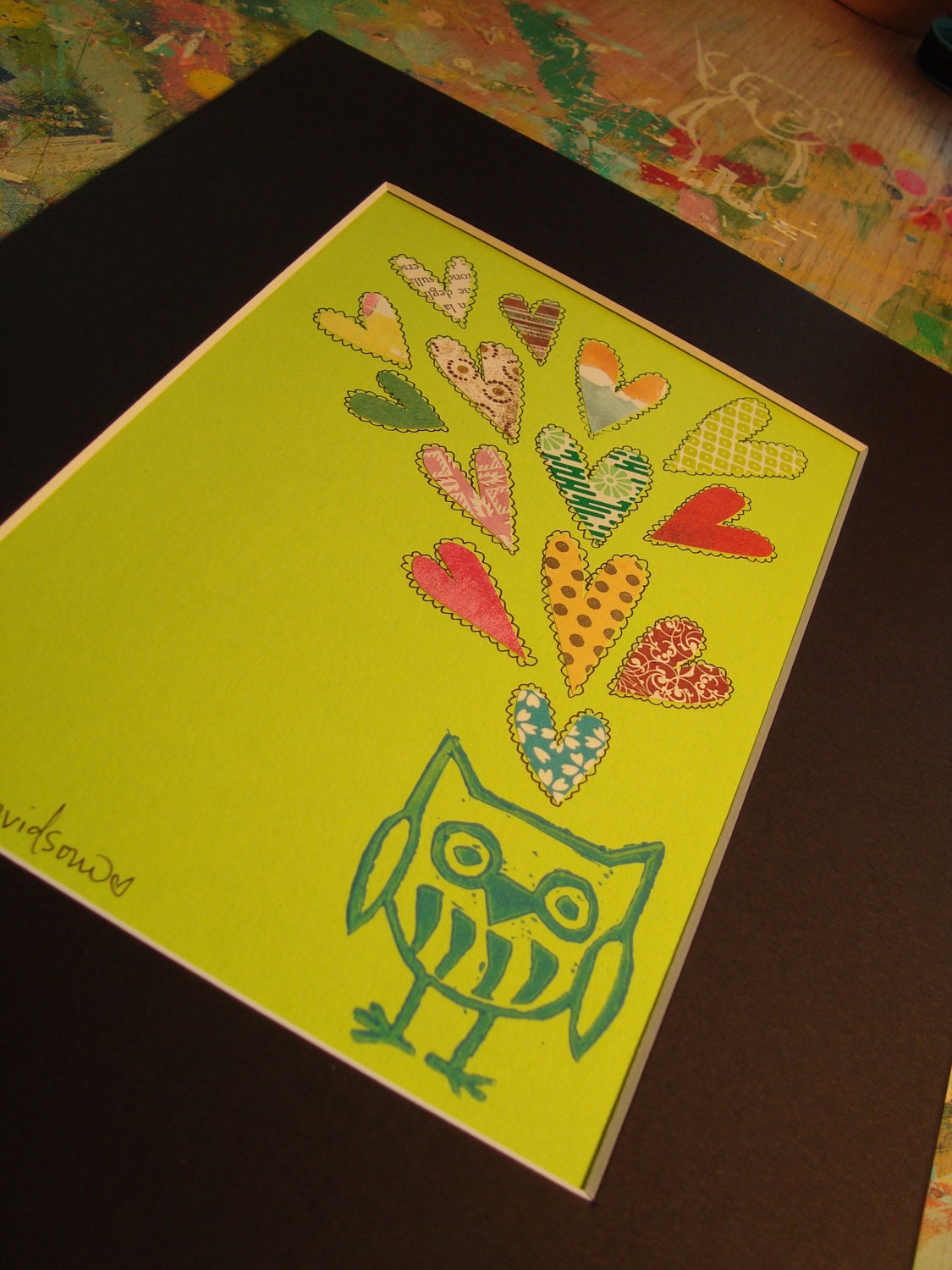 Owl Overflow With Love For You-Mixed Media Linocut 5 x 7 in 8 x 10 Mat
