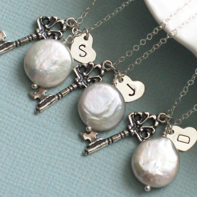 Bridesmaid Gift Set, 5 Silver Key & Coin Pearl Necklaces, White Pearl, Key Charm Initial Heart Tag, Skeleton Key, Personalized Jewelry