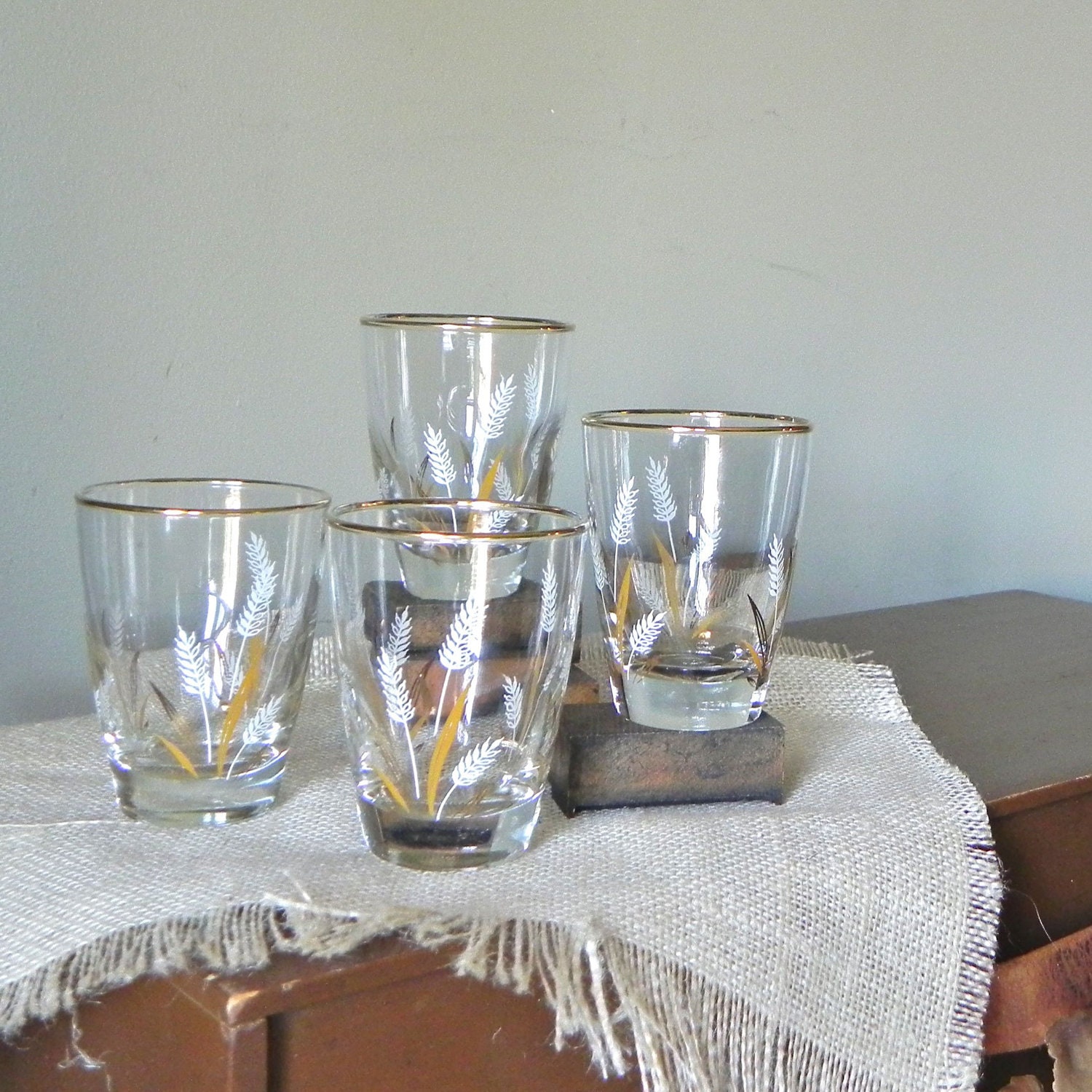 SALE Vintage juice shot glasses wheat sheaf white and gold autumn fall harvest