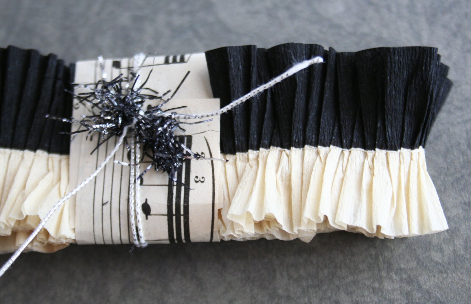 Aged Vintage Black and White Striped Crepe Paper Ruffles
