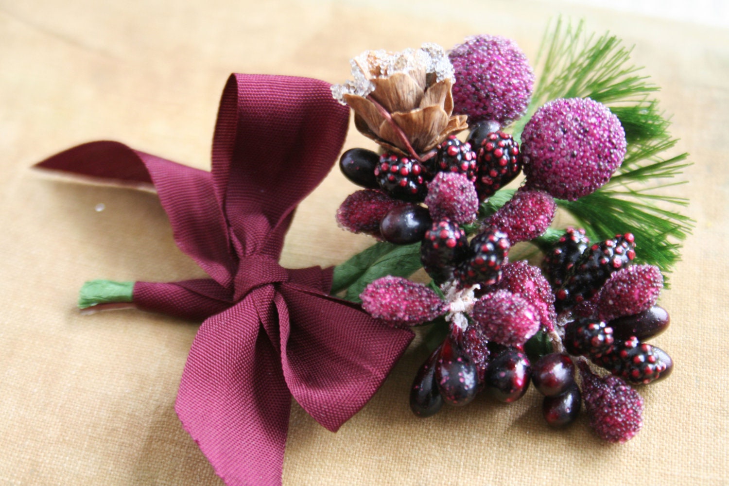 sugar plum frosted stamen bundle with wired pinecone and greenery - juliecollings