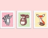 SALE 20% Kids wall art, nursery art print, baby girl nursery decor, woodland animals, childrens wall art, racoon, squirrel, fox, Set 8 x 10