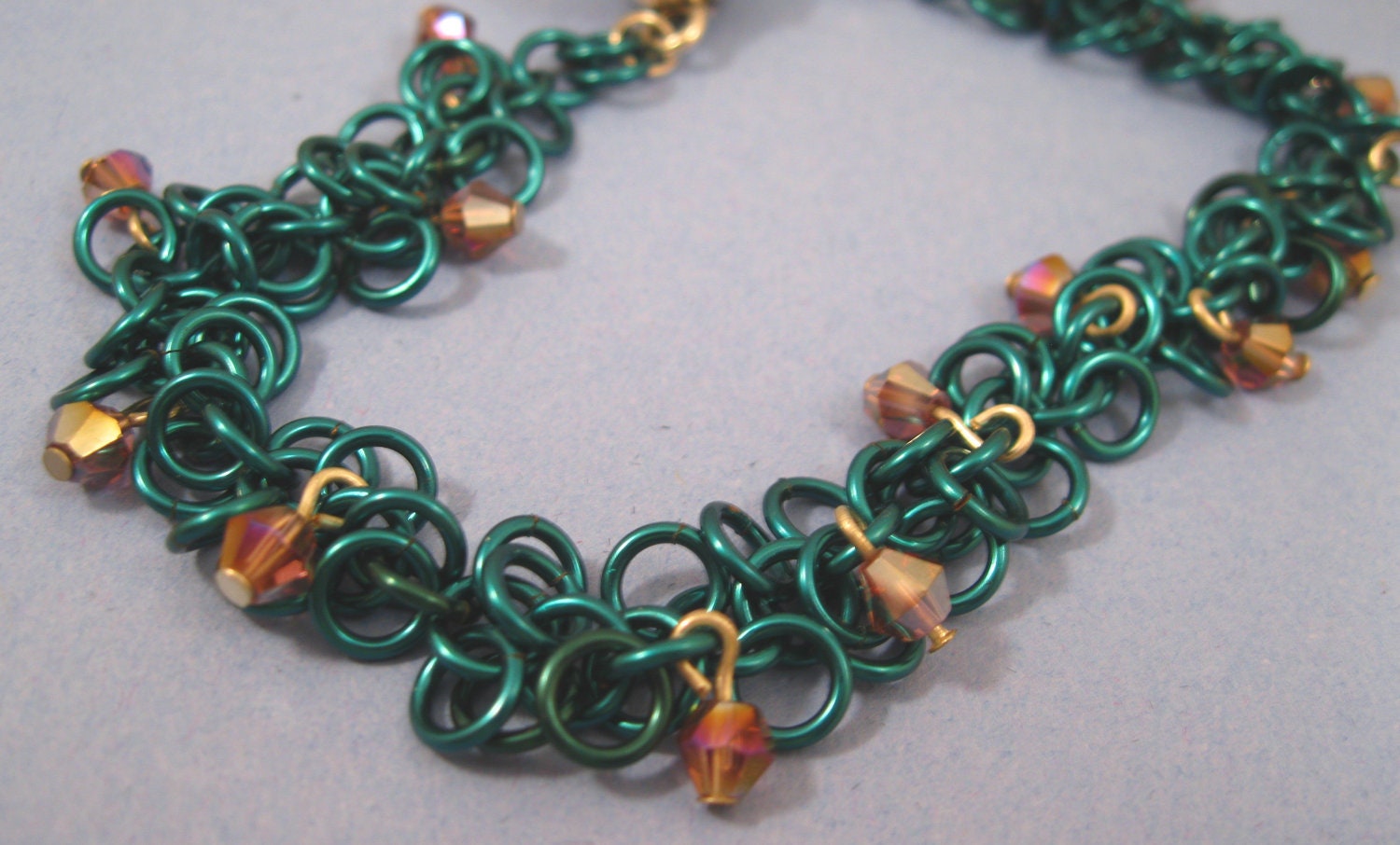 Teal Shaggy Loops Bracelet With Lavender Crystals