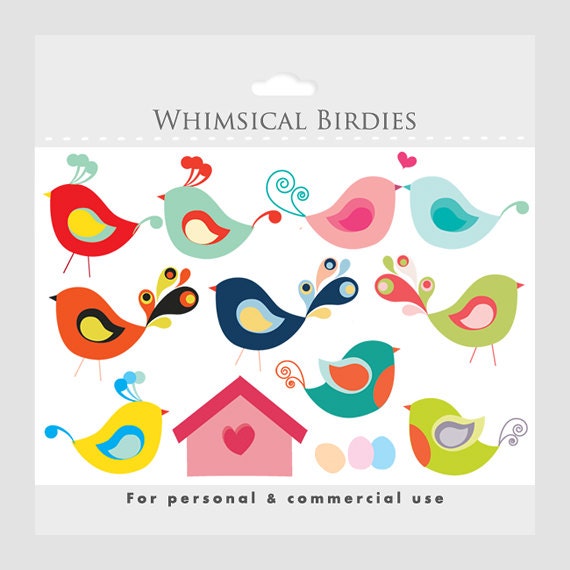 Bird clipart - whimsical cute birdies, birdhouse, eggs, sweet, birdy, romantic, for personal and commercial use