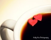 Coffee Love Photograph Photo - Two hearts, black, white, red, fun, heart, beverage - Fresh Brewed Love - 8 x 10 Fine Art Print