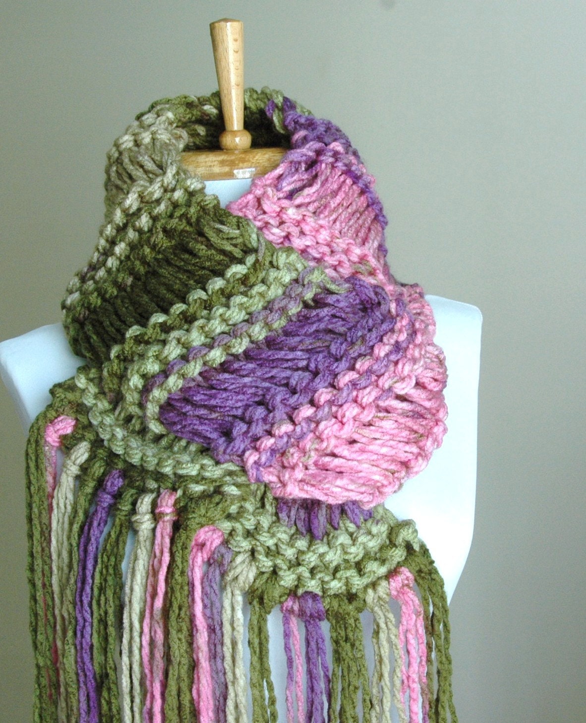 Chunky Hand Knit Scarf Drop Stitch in Shades of Purple Green Pink Original Design