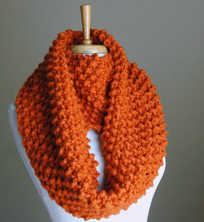 Infinity Scarf Pumpkin Orange Hand Knit Chunky Textured Pattern