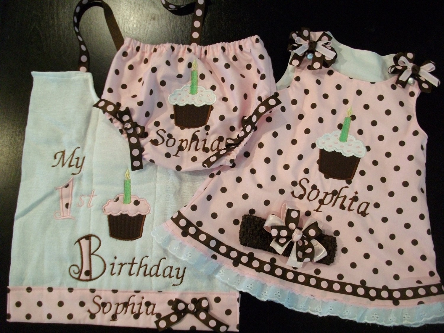 Pink and brown polka dot cupcake dress  bloomers bib and bow