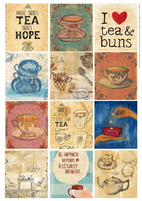 Tea Time Tags DIY printable digital download Set of 12 Sweet William illustration tags