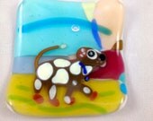 Spotted brown dog small fused glass dish
