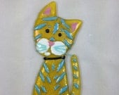 Lemon yellow, turquoise striped fused glass kitty - wall hanging series