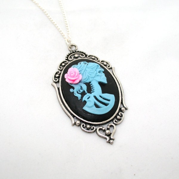 SALE - Blue Bride Necklace, Skeleton Cameo, Lolita, Day of the Dead, Halloween