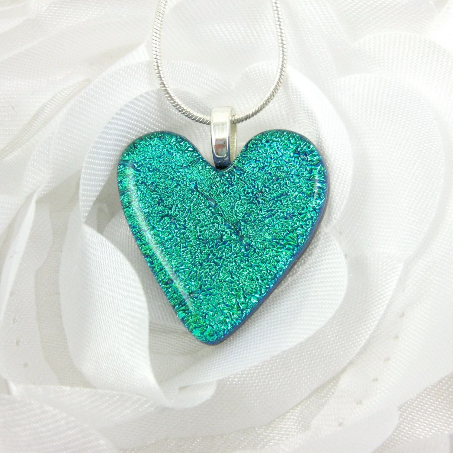 Small Green Glass Heart Necklace Dichroic Glass Jewelry