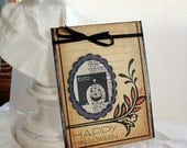 Hand Made Card Jack O Lantern Card Pumpkin Black Ribbon Purple Polka Dots Happy Halloween