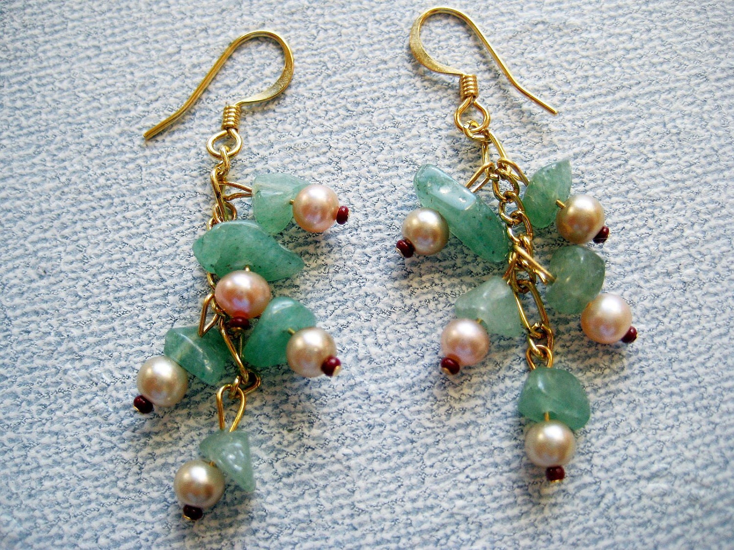 Long unique  amazonite pearl - green and  gold  earring -
