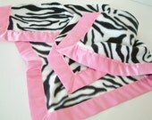 Black and White Zebra Fleece Baby Blanket with Pink Satin Blanket Binding