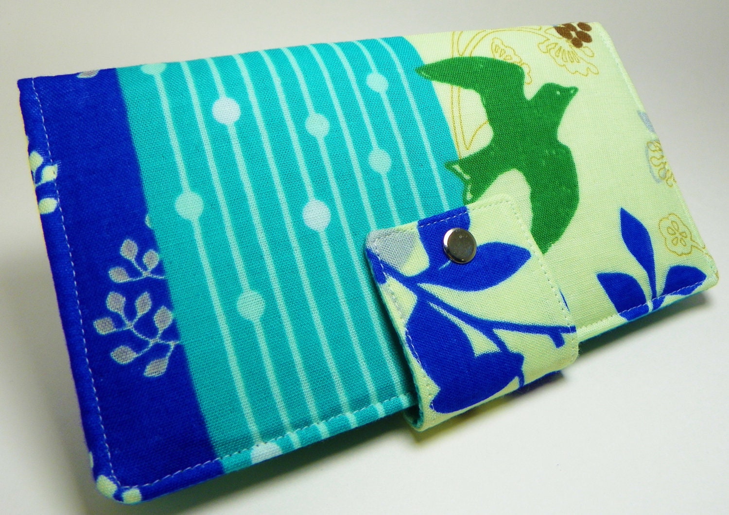 Echino Bird and Berry Blue - ECHINO Japanese Handmade Long Wallet  Bi-Fold Clutch