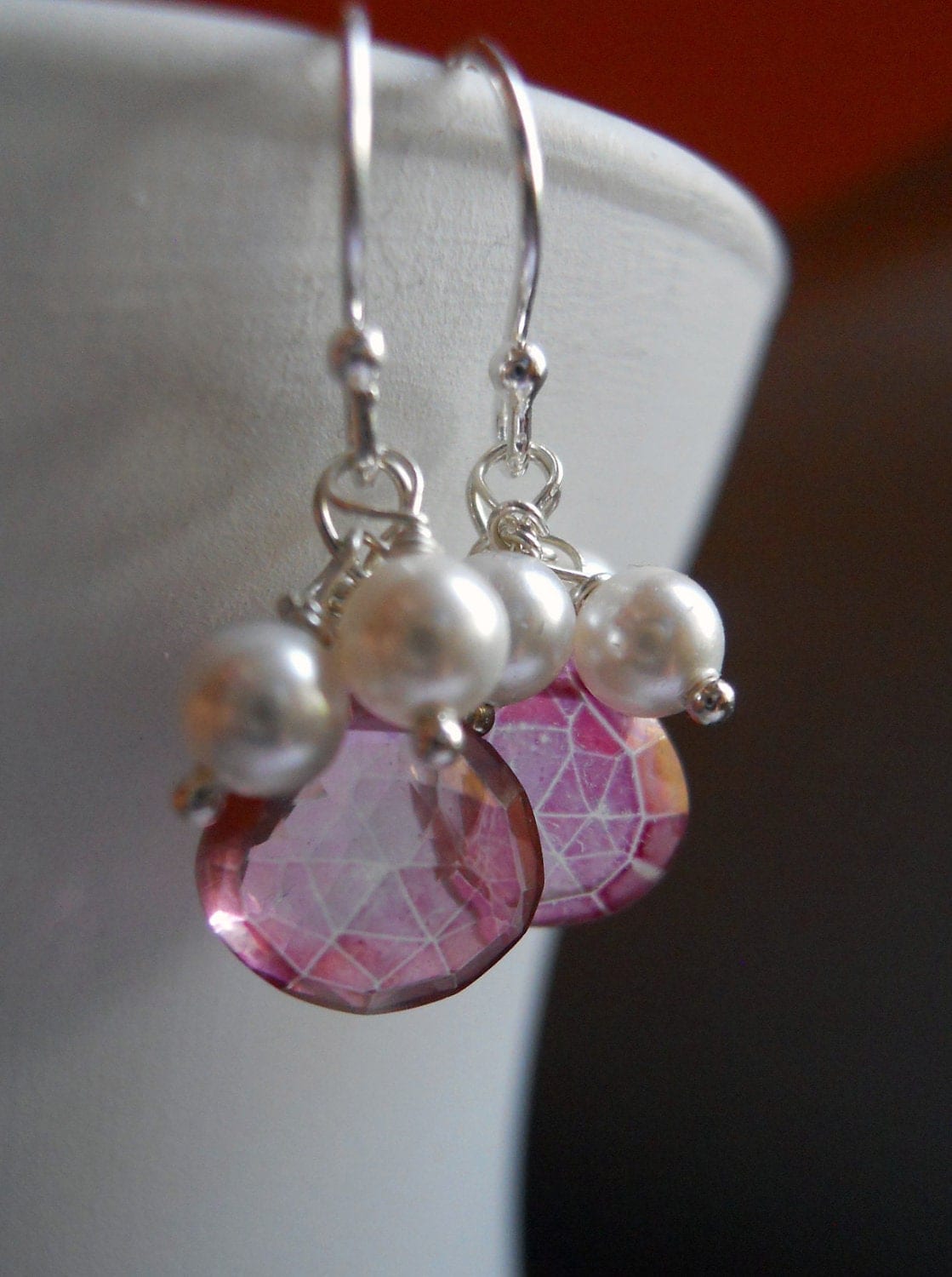 Wedding Bells Pink Mystic quartz with pearls Bridesmaid earrings - $38.00 USD