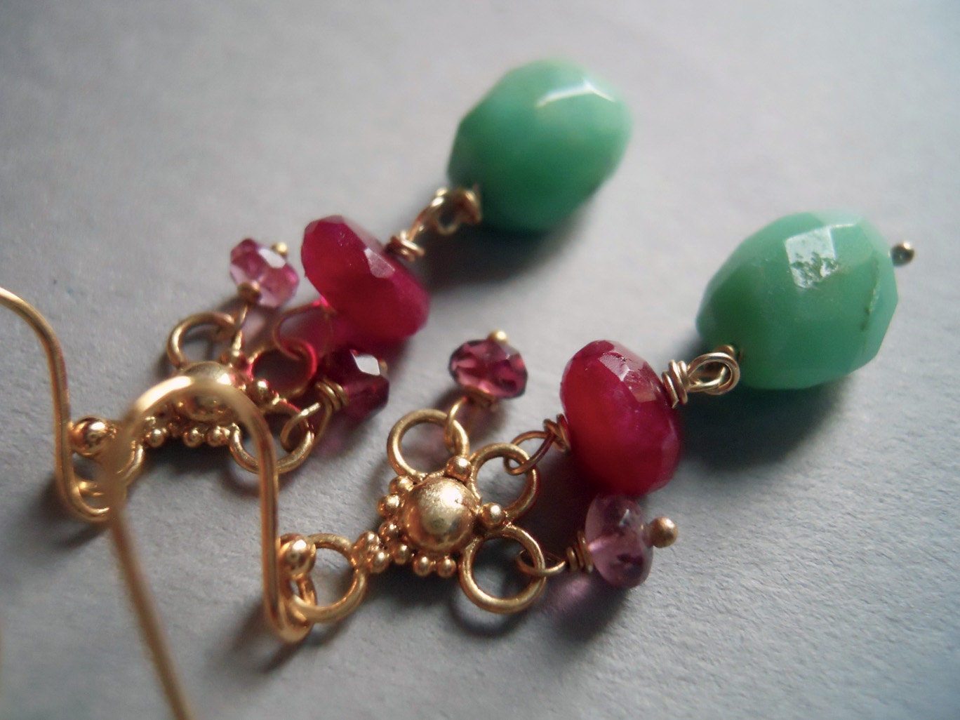A Beautiful Mess chandelier earrings with chrysoprase, ruby moonstone and tourmaline - $62.00 USD