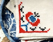 Vintage Embroidered Linen Napkins: Set of Four in Red