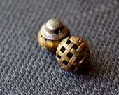 Vintage tiny puffy brass lattice filigree buttons X 2