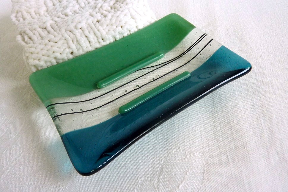 Large Glass Soap Dish in Mineral Green and Sea Blue