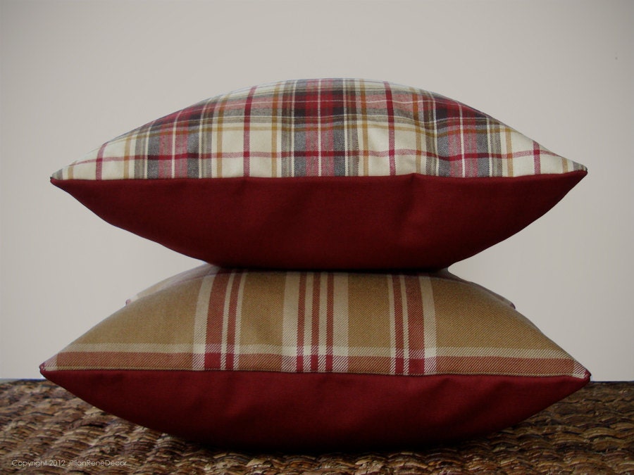 16" DECORATIVE PILLOW COVER - Winter Wool Plaid in Cranberry Red, Cream, and Camel by JillianReneDecor Country Home Decor