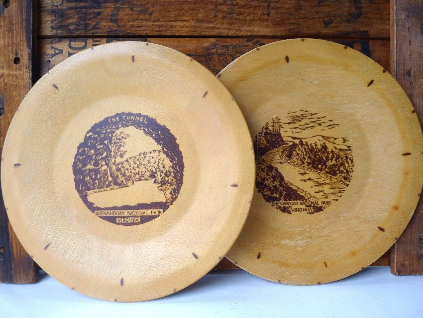 Vintage Shenandoah Virginia Souvenir National Park USA Wooden Plate Set The Tunnel Faux Pyrography