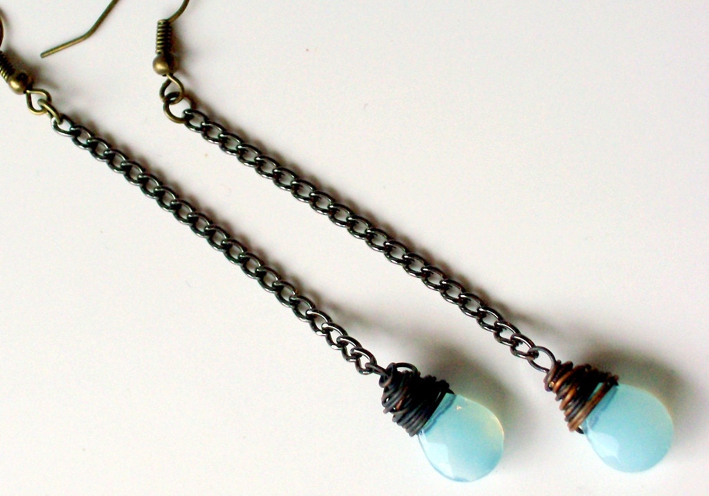 Long Aqua Chain Dangle Earrings - Copper - Chain - stoneandbone - Wire Wrapped