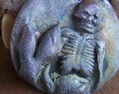 Davy Jones Locker  Mermaid Skeleton With Lobster Claw Hands Silver Blue Handmade Raku Pendant