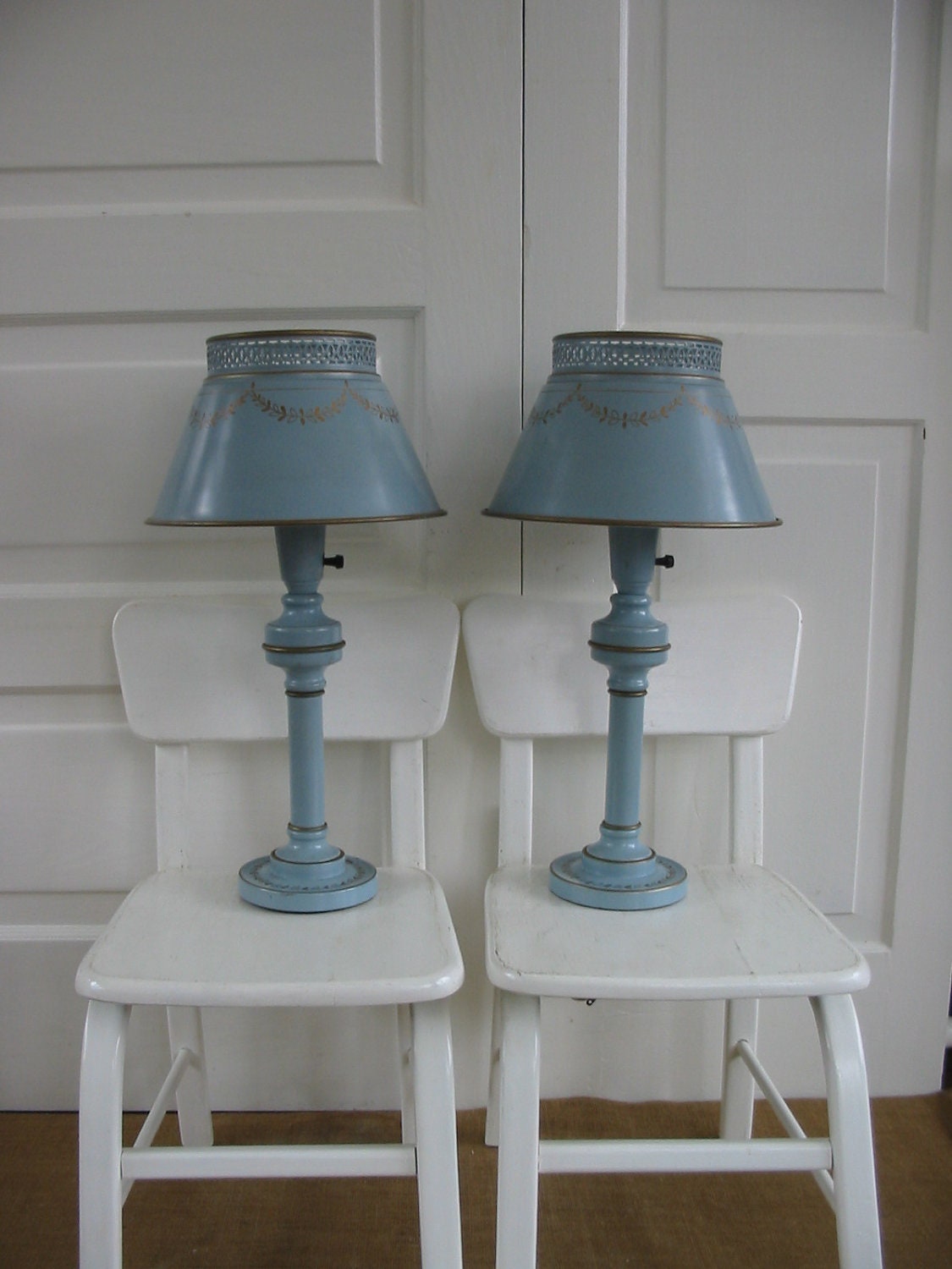 Pair Vintage Lamps Metal Blue Shabby Cottage Milk Glass Gold