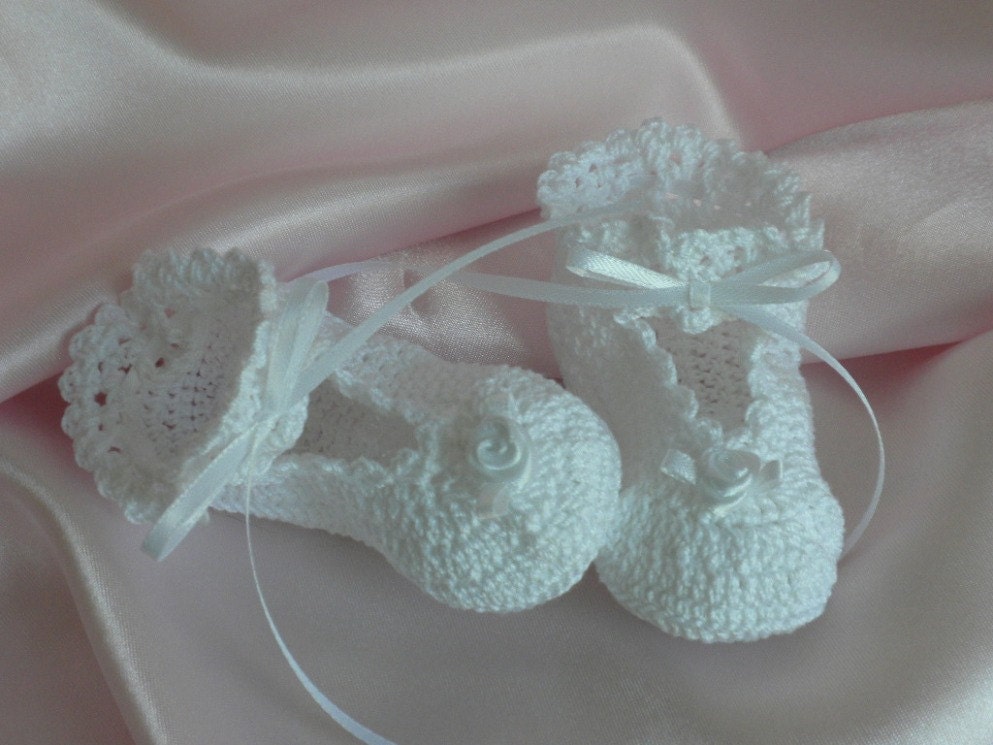White Crocheted Ballerina Baby Girl Booties with White Ribbon and White Ribbon Roses for Blessing or Christening