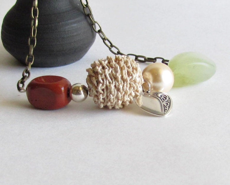 Mixed Gemstone Necklace - Hemp - Jasper - Sterling Silver Heart