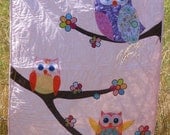 Cute Colorful Owls with flowers on pink gingham Baby or Toddler quilt