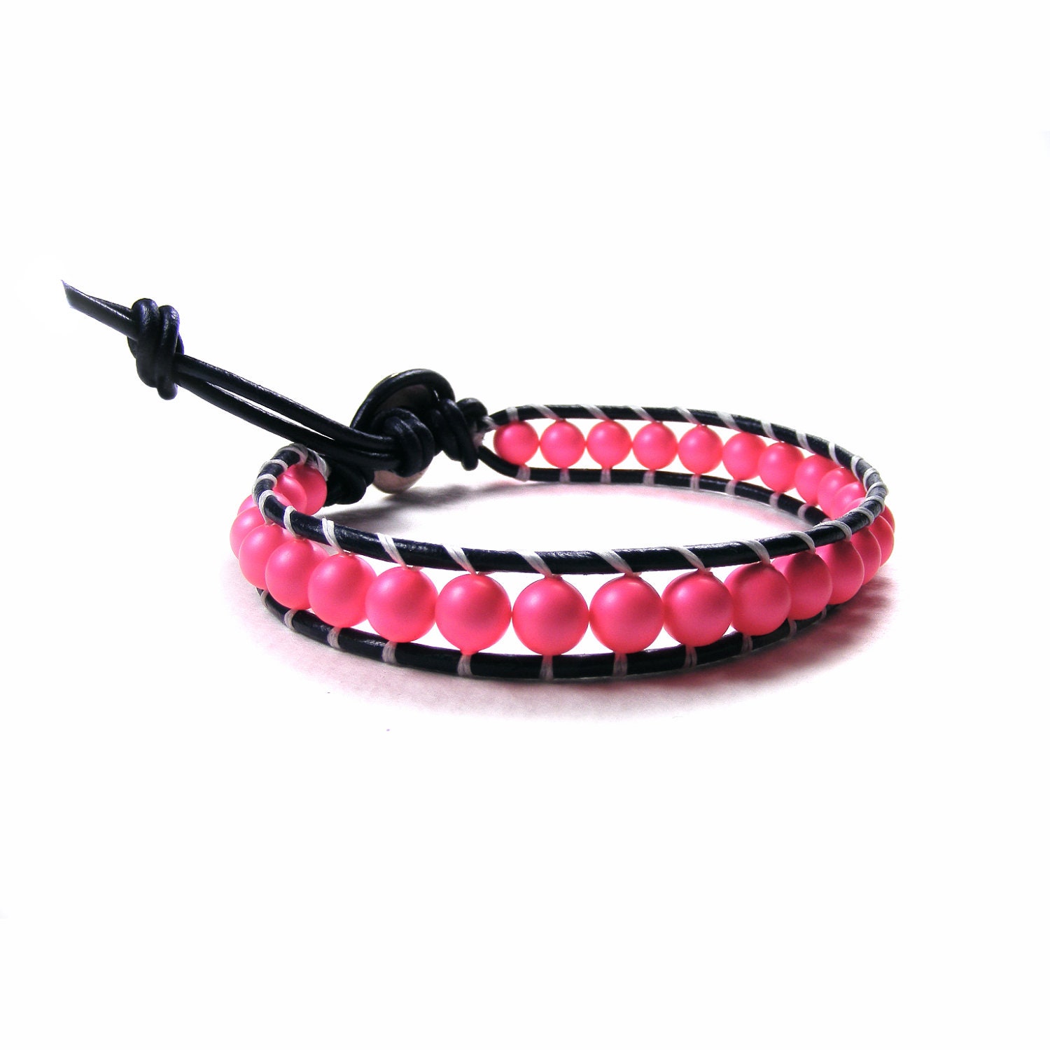 Neon Leather Wrap Bracelet, Handmade Beaded Leather Cuff, Pink Neon Swarovski Pearls & Navy Blue Leather, Single Wrap Bracelet