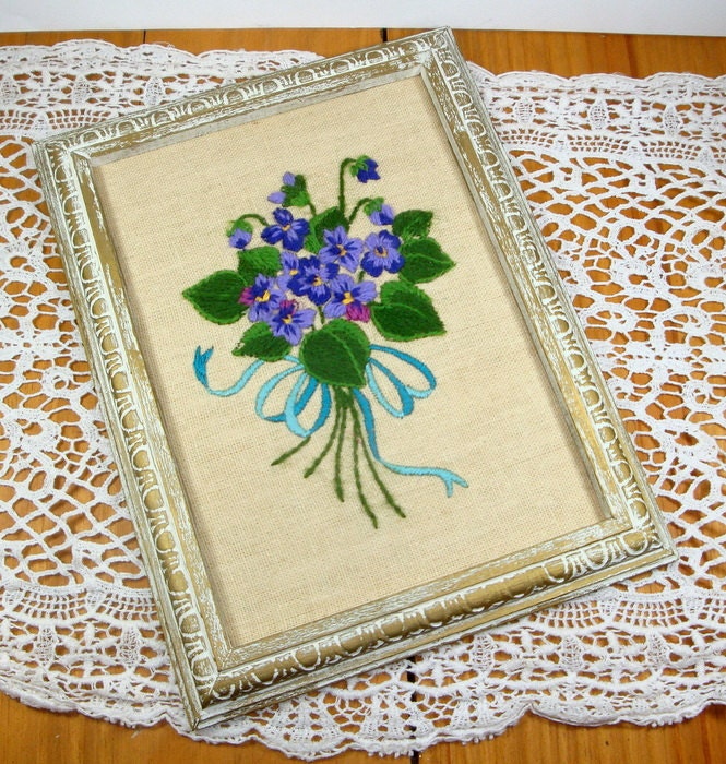 Vintage Needlecraft Bouquet of Purple Flowers, Crewel Embroidery, Framed Wall Art  (378-13)