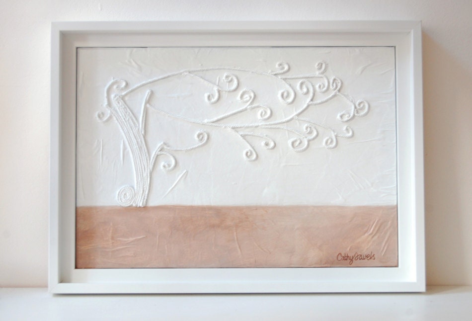 Whimsical Tree Painting - Mixed Media Original - Neutral Colors - Fantasy Relief String Work - Framed