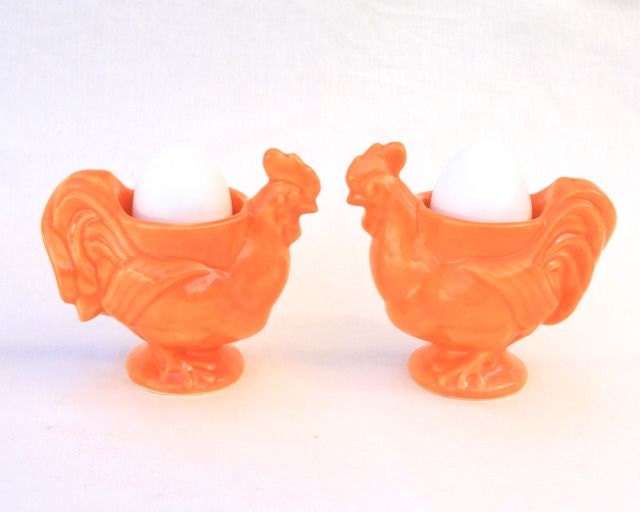 Pair of Rooster Egg Cups in Stoneware with Orange Glaze