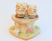 Wedding Cake Topper - Two Tiny Owls on a Heart Log in Porcelain
