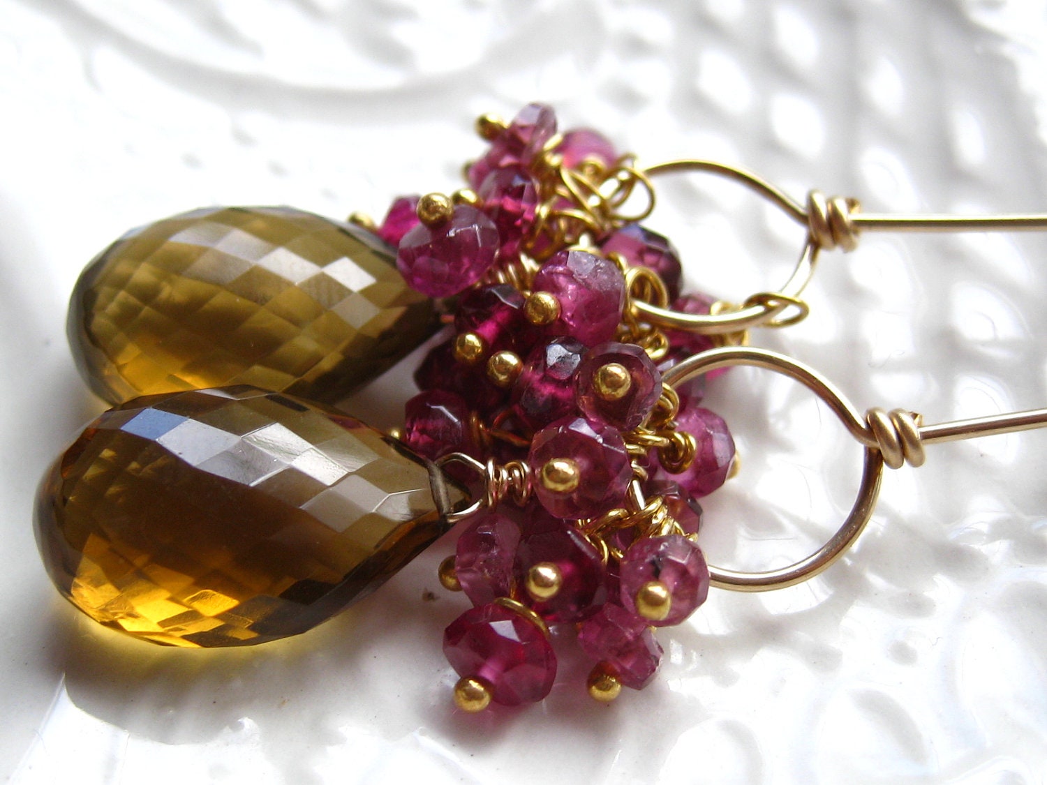 Pink Tourmaline, Cognac Quartz Gemstone Earrings-Aux Pommes et Caramel
