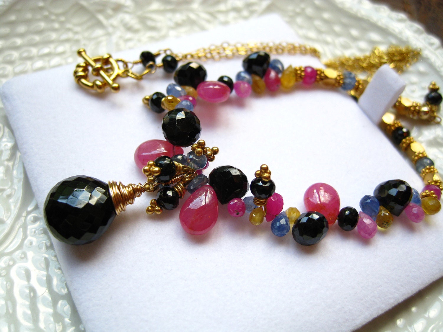 Black spinel, Sapphire, Gemstone Necklace-Geisha II
