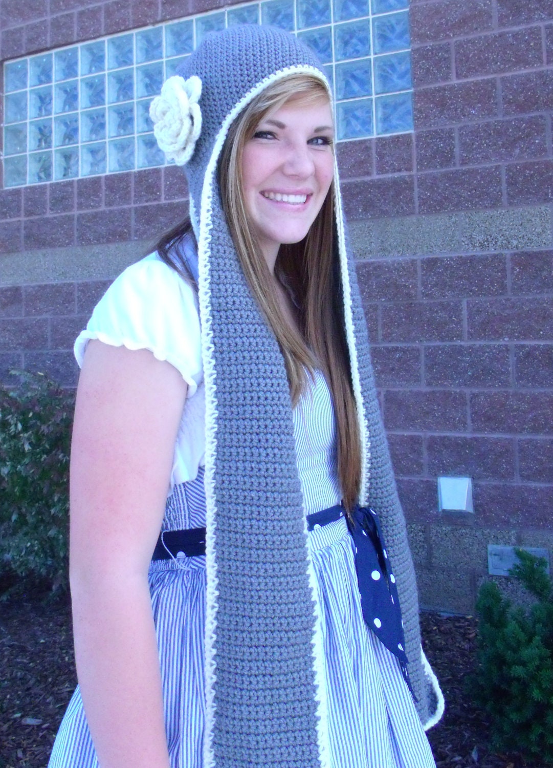 CROCHET PATTERN PDF - Instant Digital Download - Gray Earflap / Scoodie with Detachable Flower - CaN sell items made from the pattern
