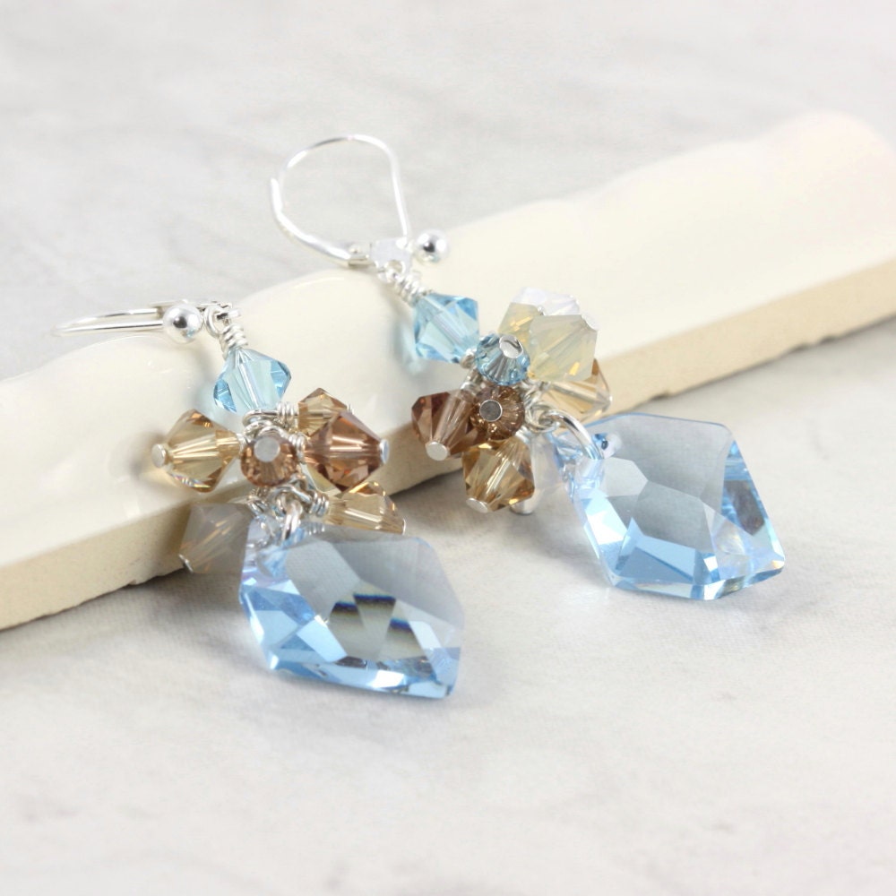 Aqua Blue Bridal Jewelry Crystal Earrings Aquamarine Crystal Cluster Sand Tan Sterling Silver Prom Earrings