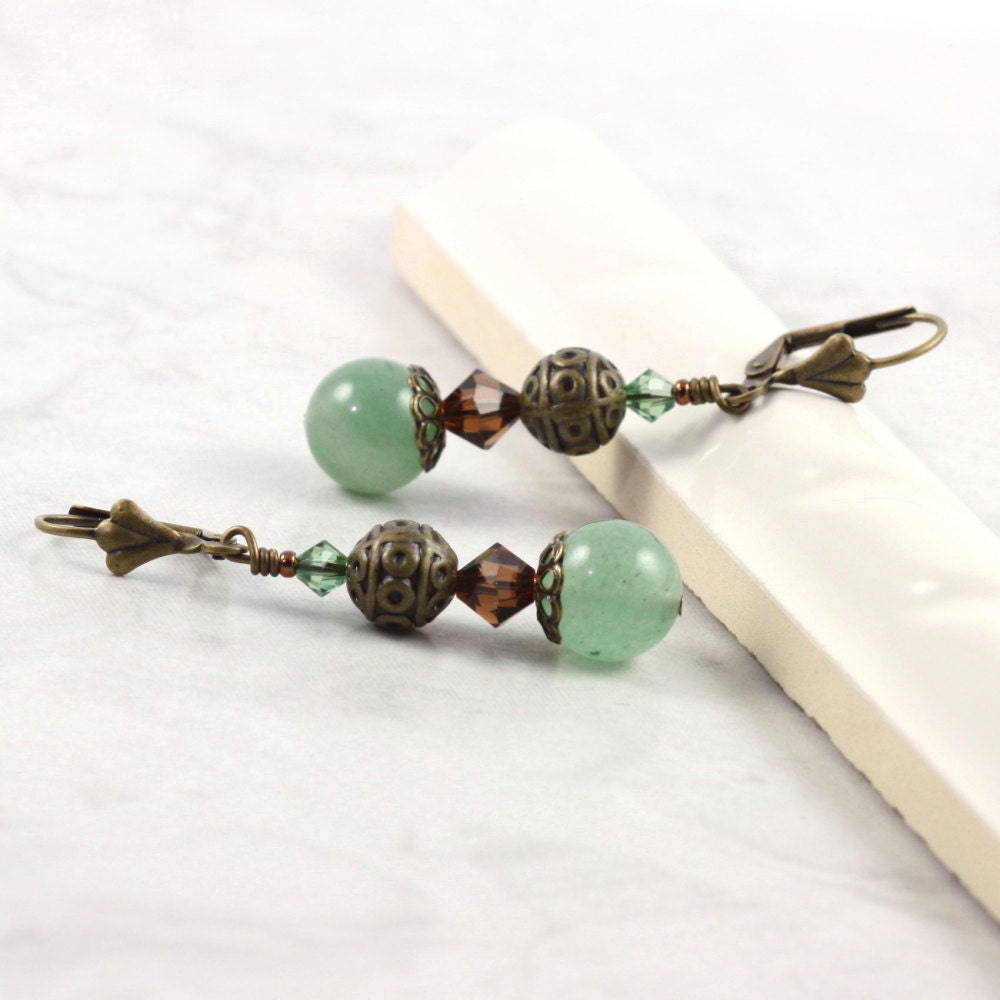 Green Earrings Aventurine Gemstone Mocha Swarovski Crystal Mediterranean Style Rustic Bohemian Jewelry
