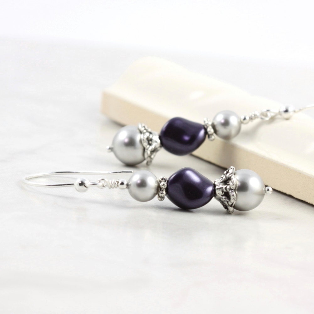 Purple Pearl Earrings Gray Swarovski Crystal Sterling Silver Fall Bridal Fashion Wedding