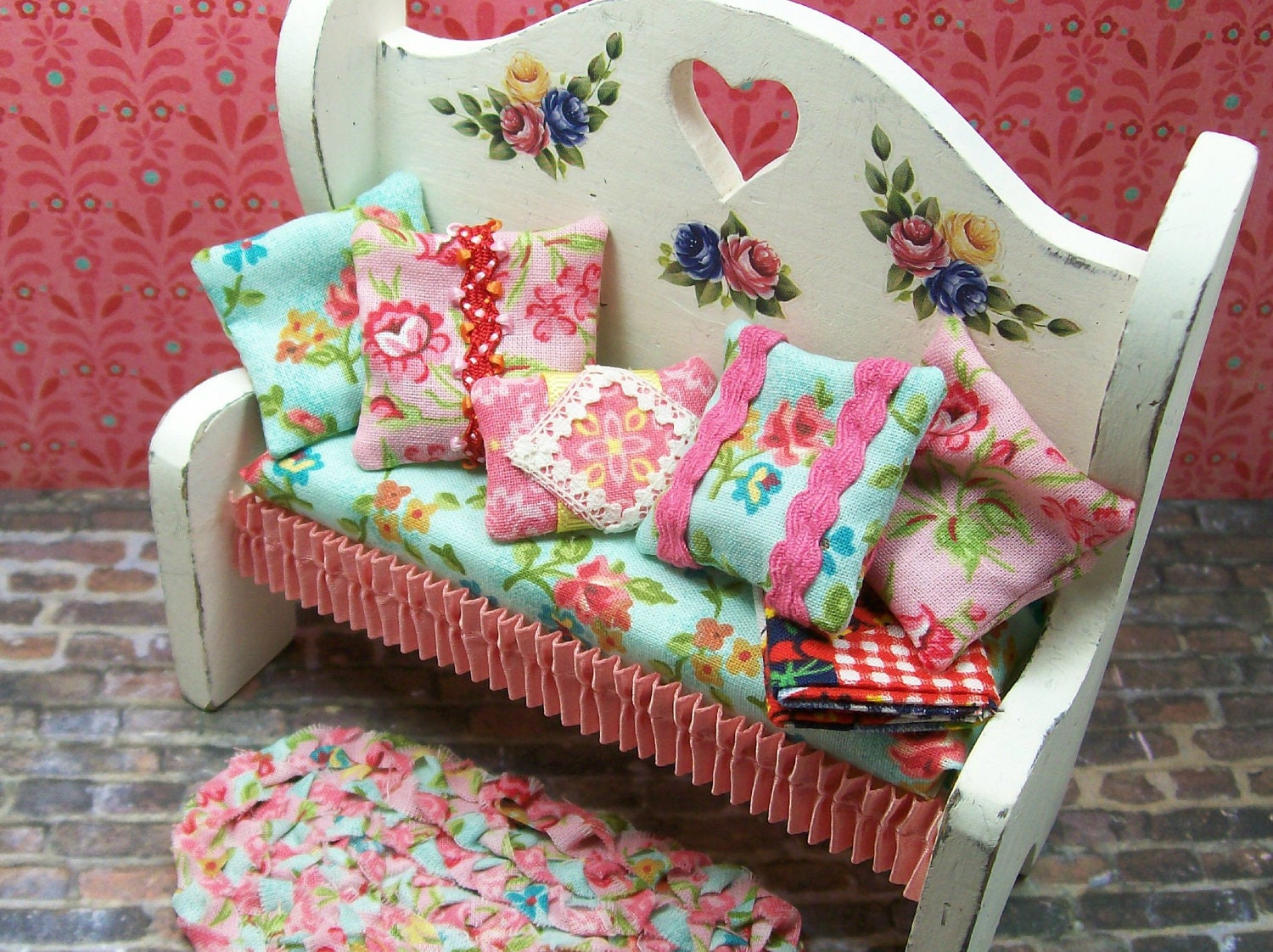 Dollhouse Miniature Furniture Country Primitive Rustic Bench Upholstered Pillows Quilt One Inch Scale Cottage Decor OOAK